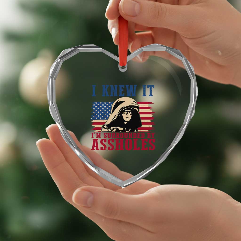 Funny I Knew It Im Surrounded by Axxholes Sci-fi Meme Heart Crystal Glass Ornament Patriotic Space Parody USA Flag Sarcastic 1980s Movie Quote