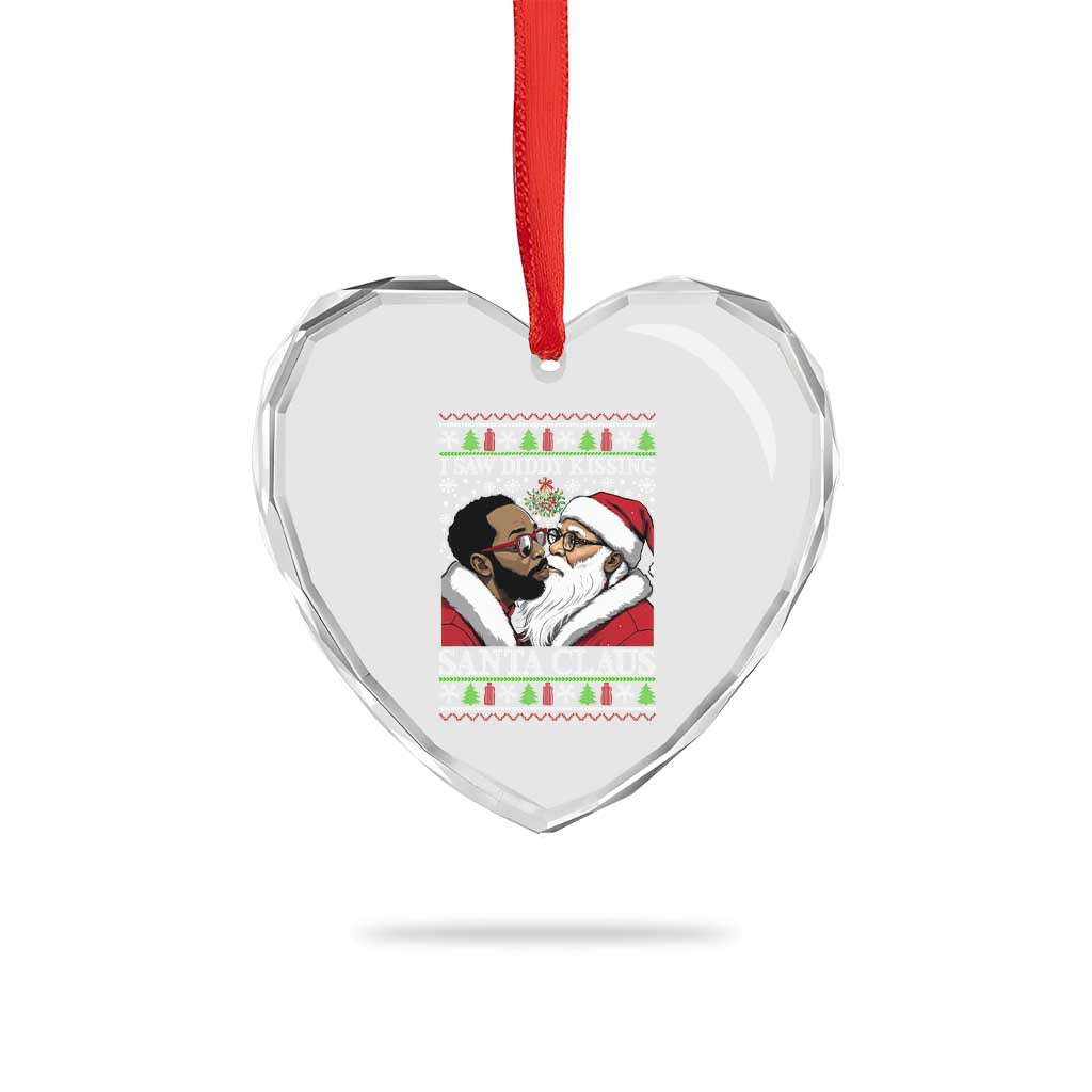 Funny I Saw Diddy Kissing Santa Claus Xmas Mistletoe Heart Crystal Glass Ornament - Wonder Print Shop