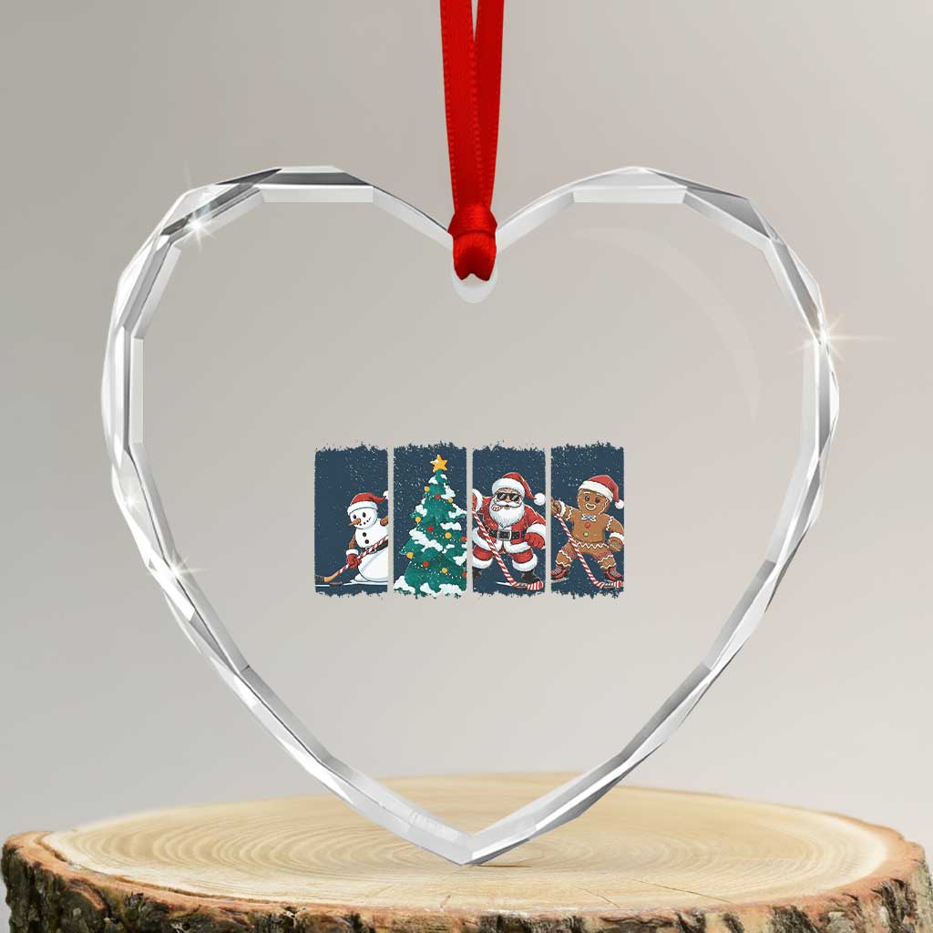 Funny Ice Hockey Christmas Gift Heart Crystal Glass Ornament Santa Snowman And Gingerbread Playing Together - Wonder Print Shop