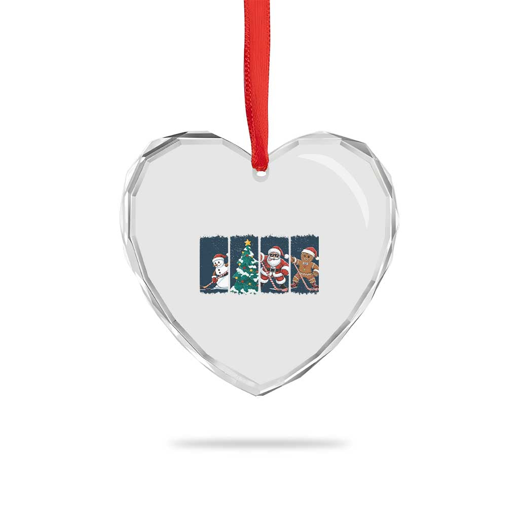 Funny Ice Hockey Christmas Gift Heart Crystal Glass Ornament Santa Snowman And Gingerbread Playing Together - Wonder Print Shop