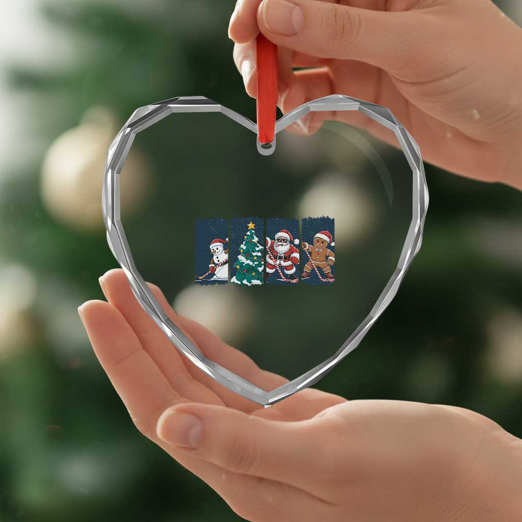 Funny Ice Hockey Christmas Gift Heart Crystal Glass Ornament Santa Snowman And Gingerbread Playing Together - Wonder Print Shop