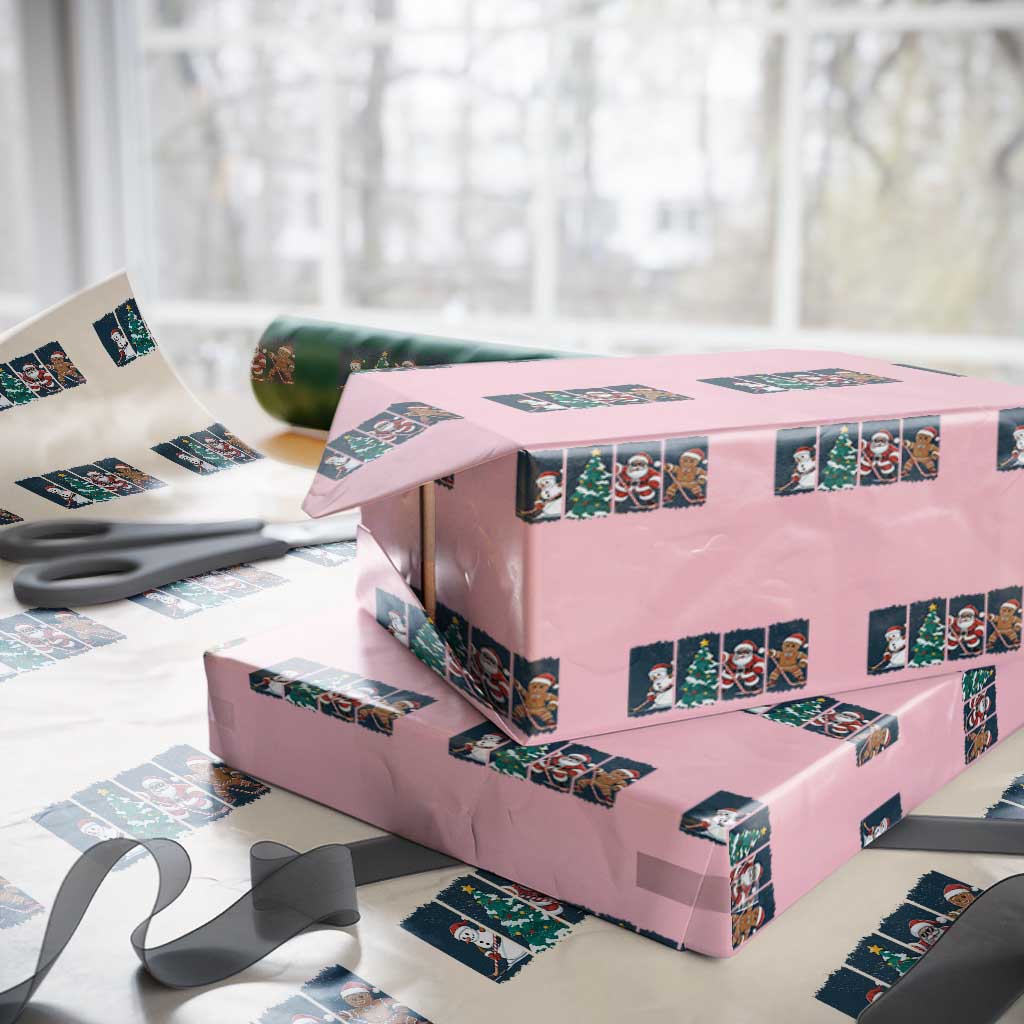 Funny Ice Hockey Christmas Gift Wrapping Paper Roll Santa Snowman And Gingerbread Playing Together - Wonder Print Shop
