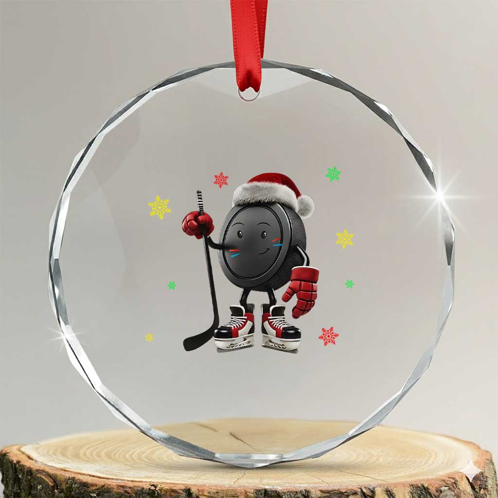 Funny Ice Hockey Holiday Gift Crystal Glass Ornament Cute Puck Wearing Santa Hat - Wonder Print Shop