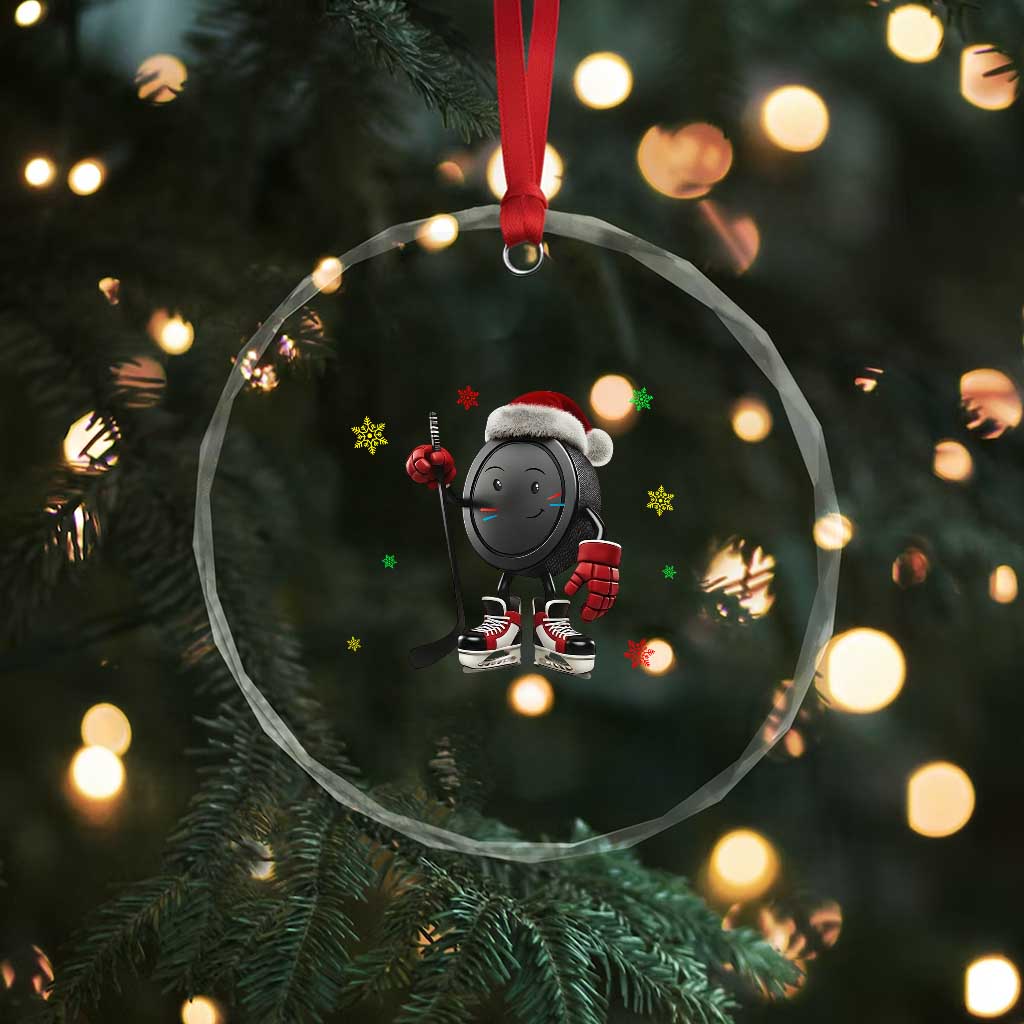 Funny Ice Hockey Holiday Gift Crystal Glass Ornament Cute Puck Wearing Santa Hat - Wonder Print Shop