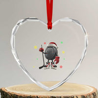 Funny Ice Hockey Holiday Gift Heart Crystal Glass Ornament Cute Puck Wearing Santa Hat - Wonder Print Shop