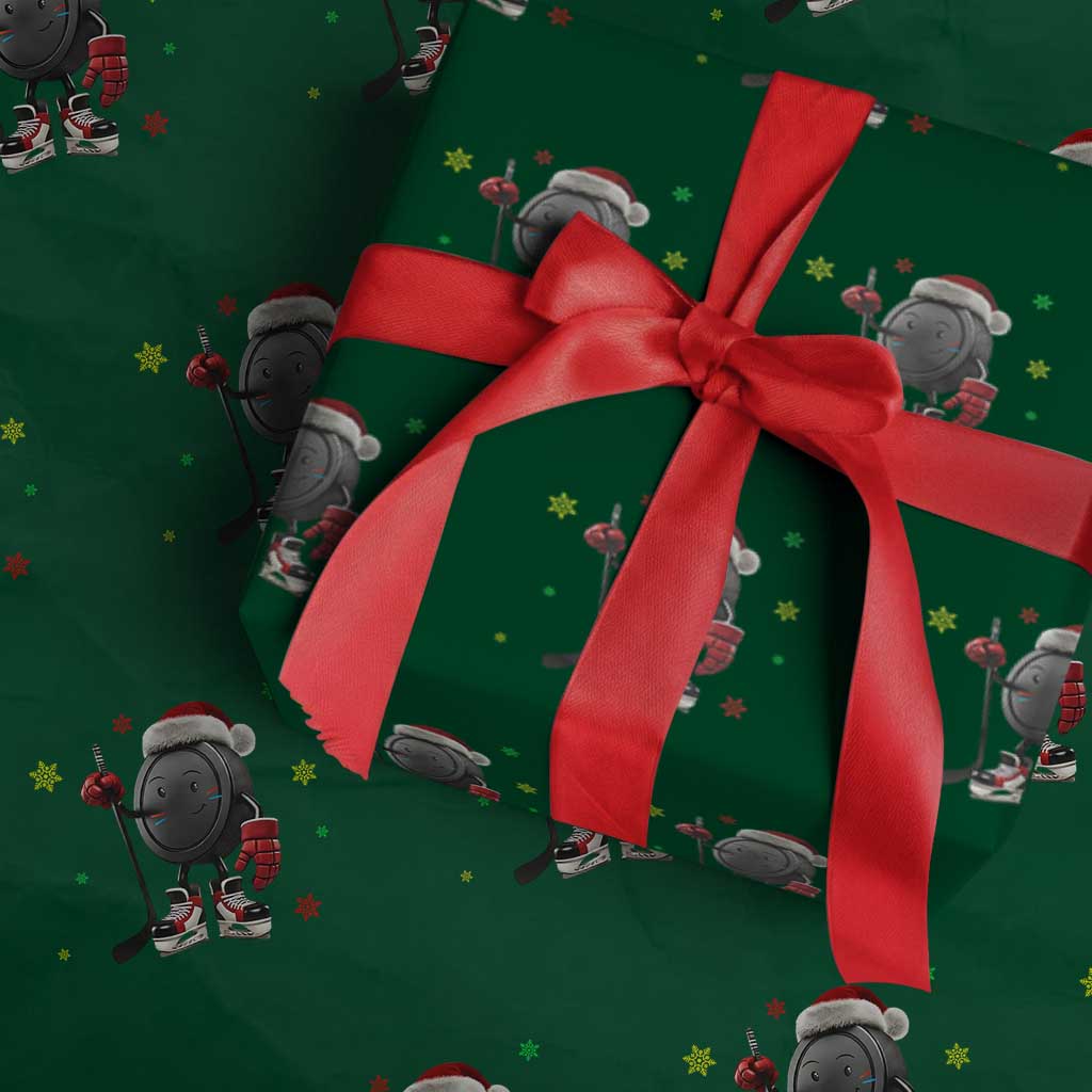 Funny Ice Hockey Holiday Gift Wrapping Paper Roll Cute Puck Wearing Santa Hat - Wonder Print Shop