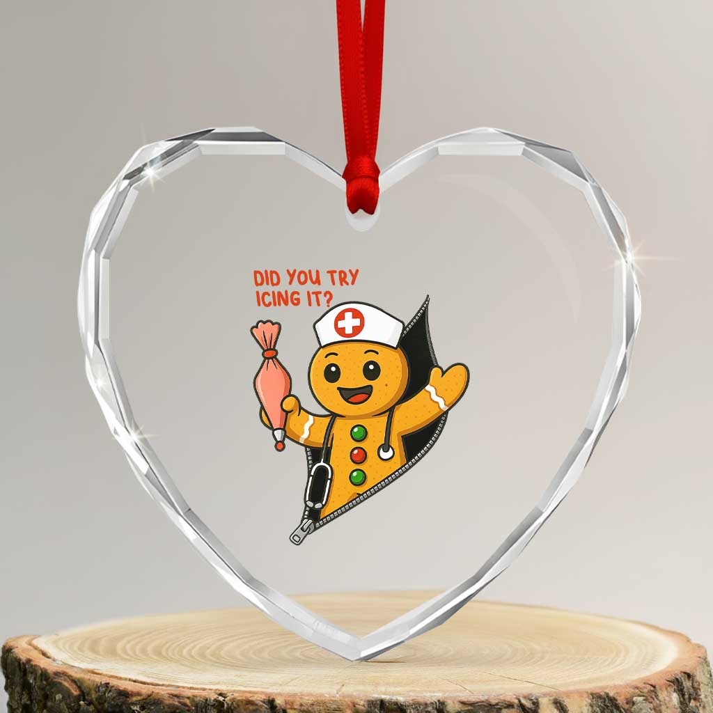 Funny ICU Nurse Christmas Heart Crystal Glass Ornament Gingerbread Did You Try Icing It - Wonder Print Shop
