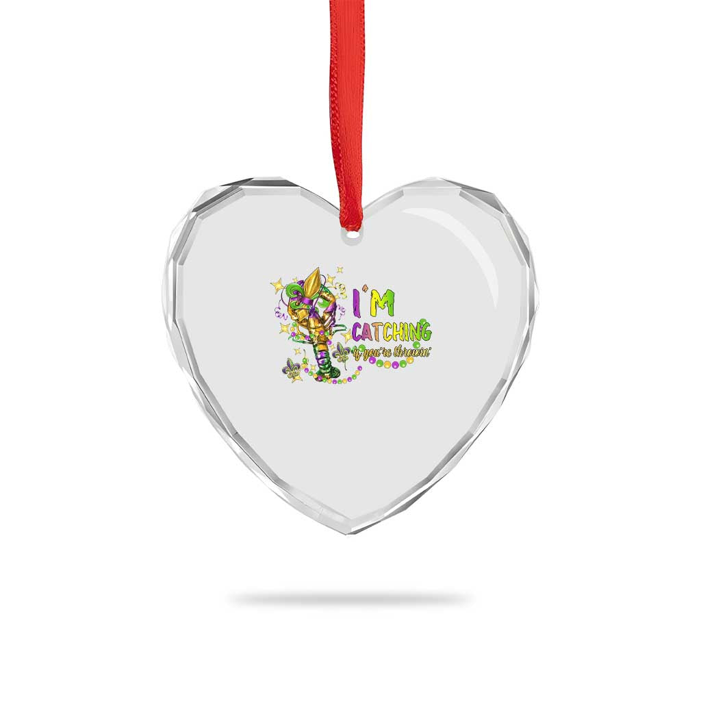 Funny I'm Catchin' If You're Throwin' Mardi Gras Heart Crystal Glass Ornament Crawfish Beads Fleur De Lys