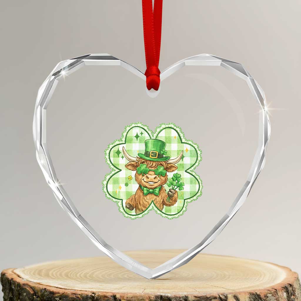 Funny Irish Highland Cow Shamrock Holiday Gift Heart Crystal Glass Ornament