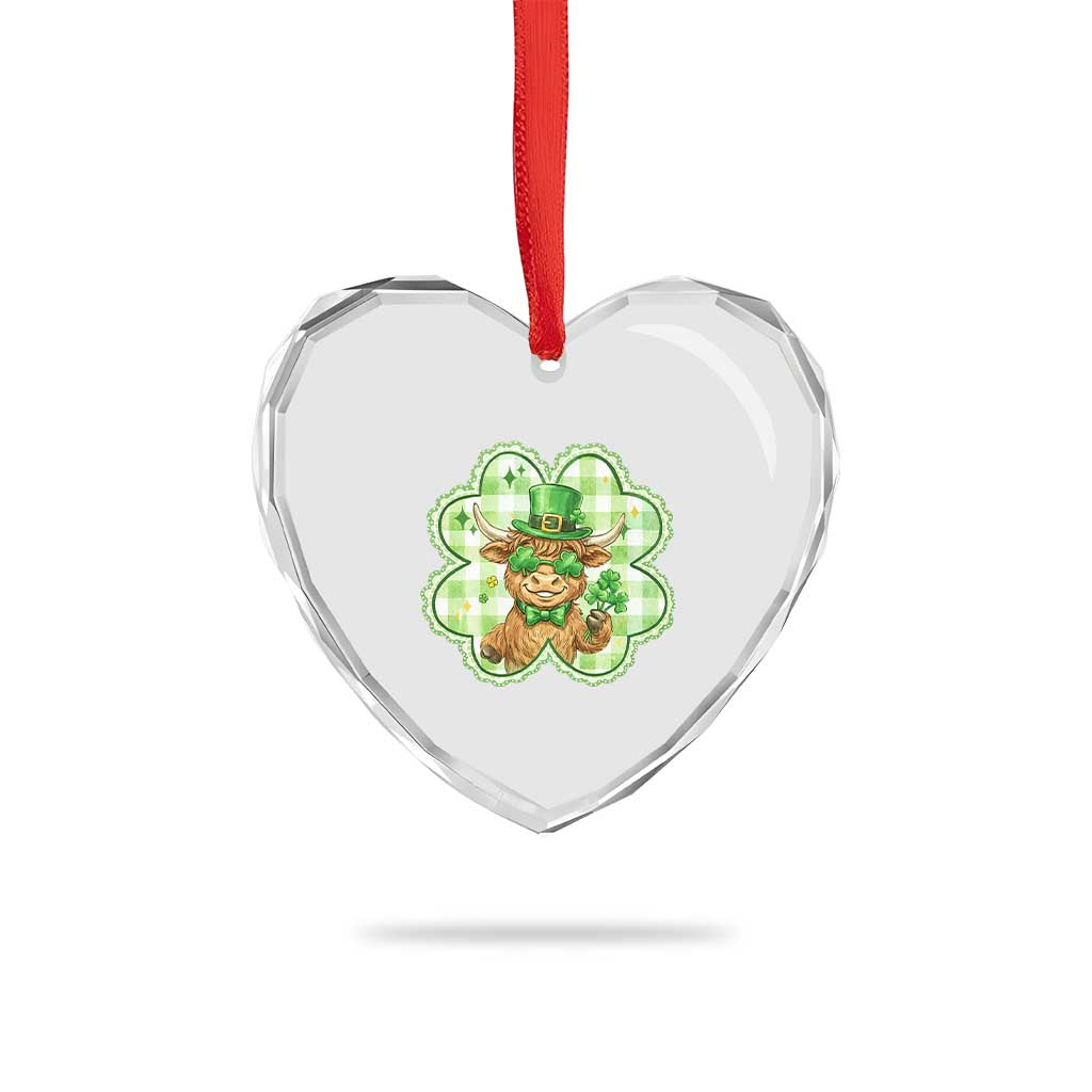 Funny Irish Highland Cow Shamrock Holiday Gift Heart Crystal Glass Ornament