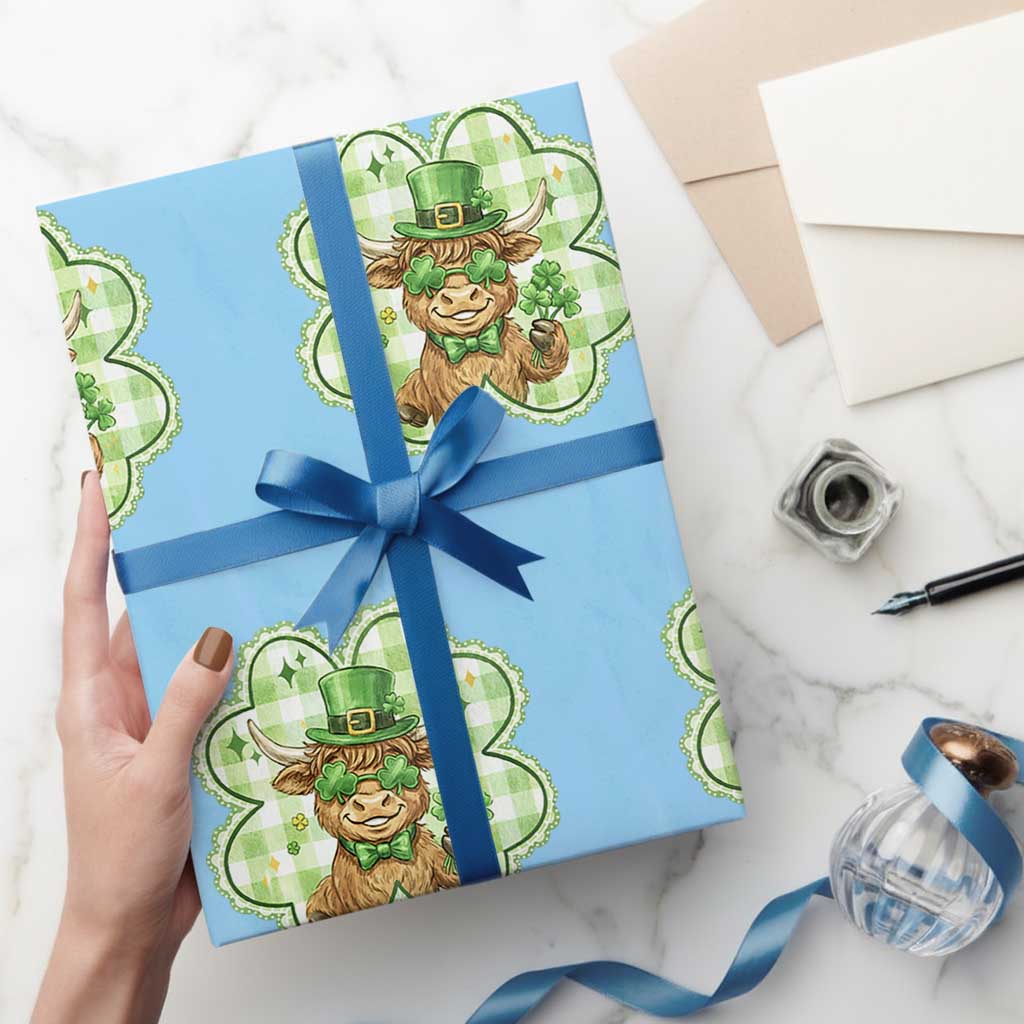 Funny Irish Highland Cow Shamrock Holiday Gift Wrapping Paper Roll