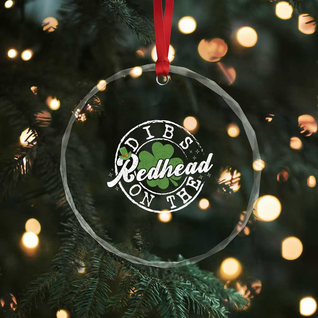 Funny Irish St Patricks Day Dibs On The Redhead Crystal Glass Ornament Retro Lucky Shamrock