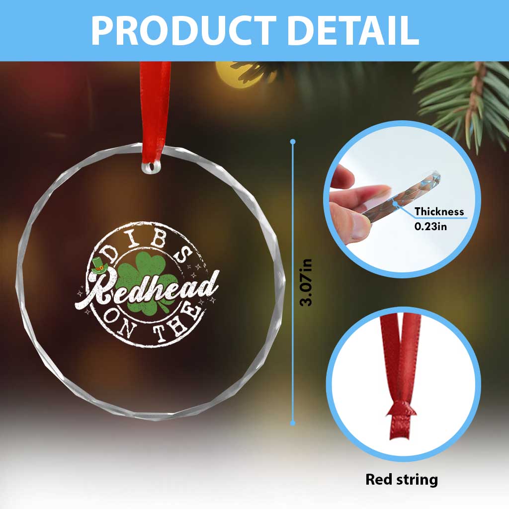 Funny Irish St Patricks Day Dibs On The Redhead Crystal Glass Ornament Retro Lucky Shamrock