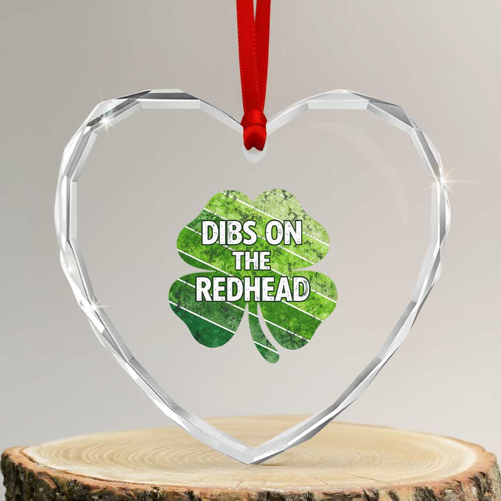 Funny Irish St Patricks Day Dibs On The Redhead Heart Crystal Glass Ornament Retro Vintage Lucky Shamrock