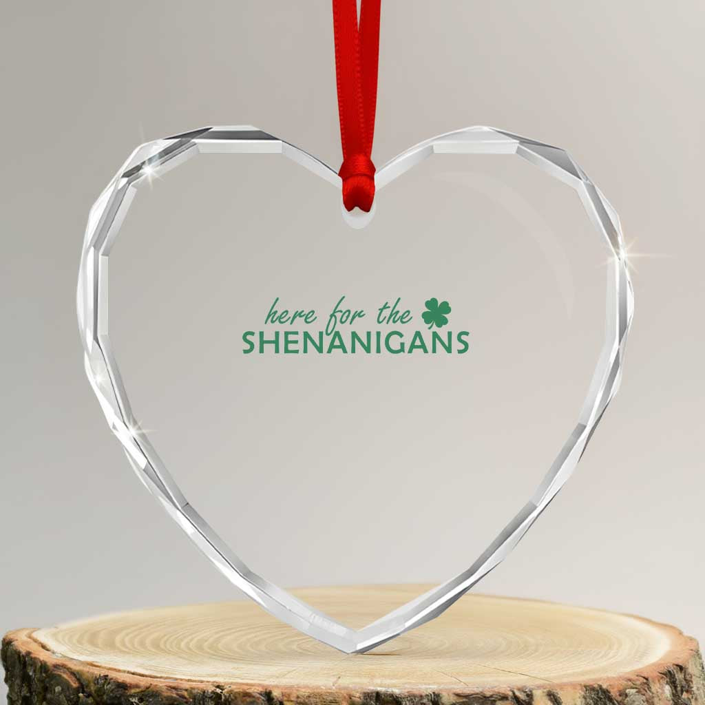 Funny Irish St Patricks Day Heart Crystal Glass Ornament Here For The Shenanigan Shamrock