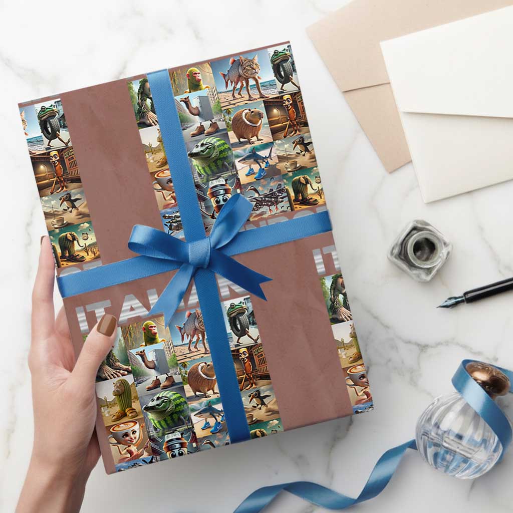 Funny Italian Brainrot Meme Art Wrapping Paper Roll Surreal Humor Pop Culture Collage - Wonder Print Shop