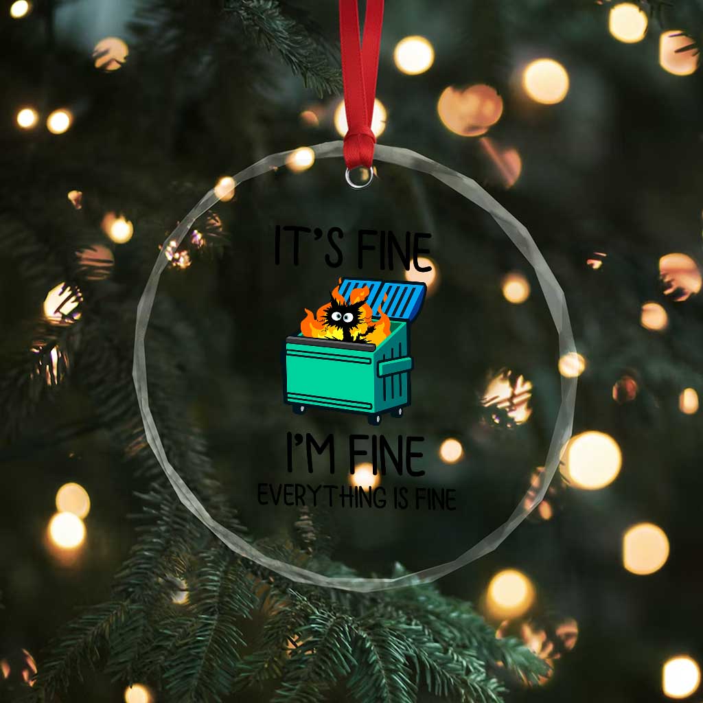Funny It's Fine I'm Everything Is Fine Crystal Glass Ornament Black Cat Lil Dumpster Fire TS11