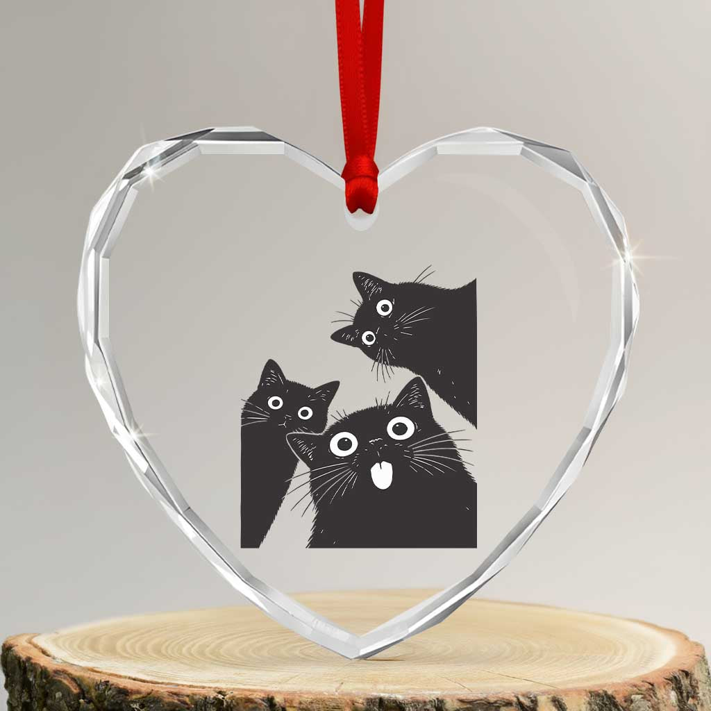 Funny Japanese Black Cat Is Watching You Heart Crystal Glass Ornament Cat Lover