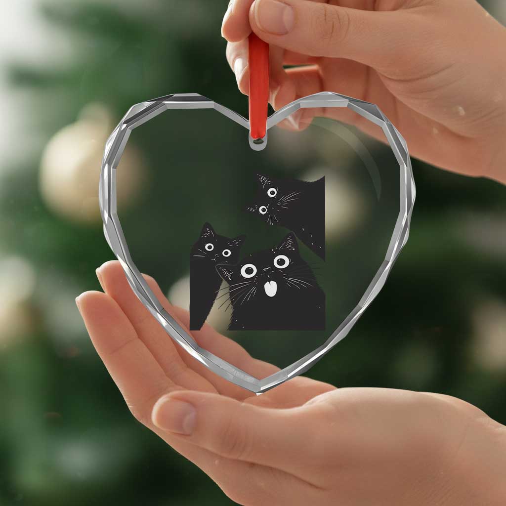 Funny Japanese Black Cat Is Watching You Heart Crystal Glass Ornament Cat Lover