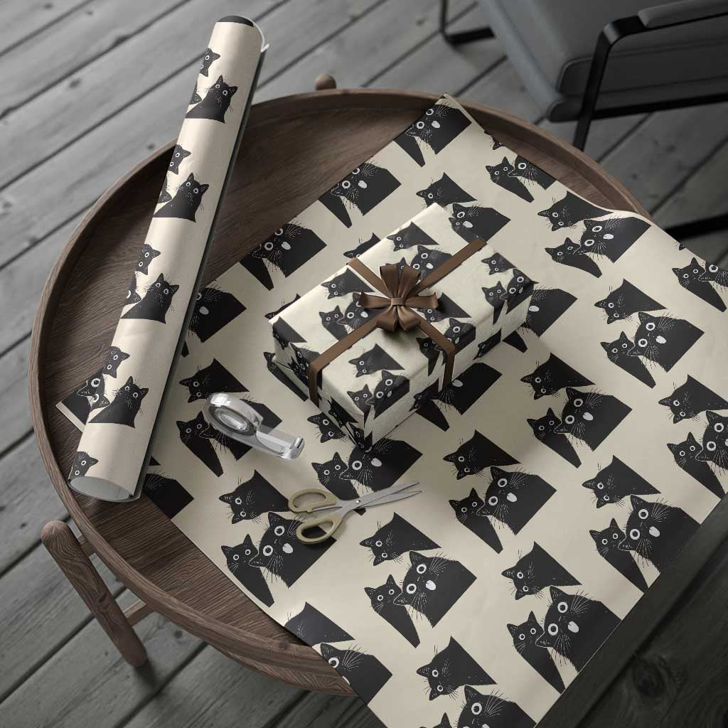 Funny Japanese Black Cat Is Watching You Wrapping Paper Roll Cat Lover
