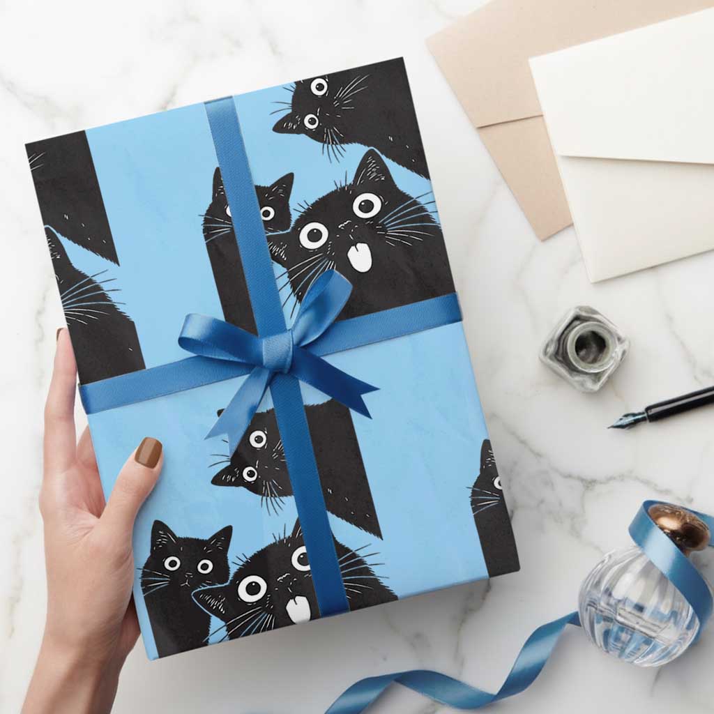 Funny Japanese Black Cat Is Watching You Wrapping Paper Roll Cat Lover