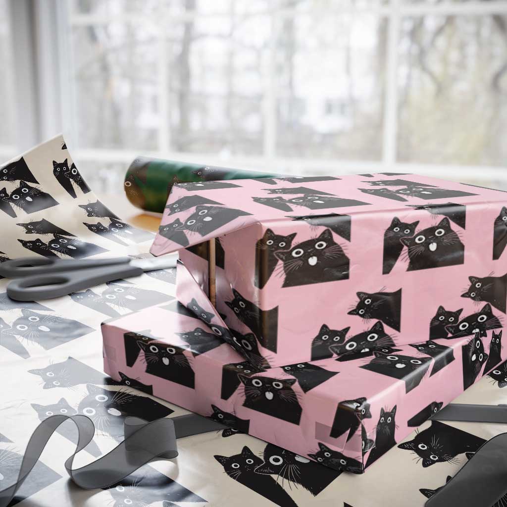 Funny Japanese Black Cat Is Watching You Wrapping Paper Roll Cat Lover