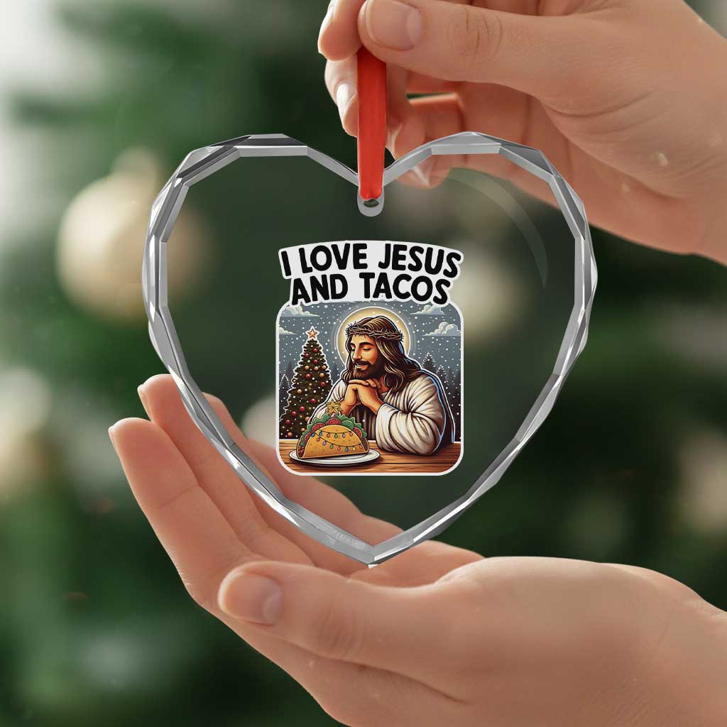 Funny Jesus Christian Christmas Heart Crystal Glass Ornament I Love Jesus And Tacos - Wonder Print Shop