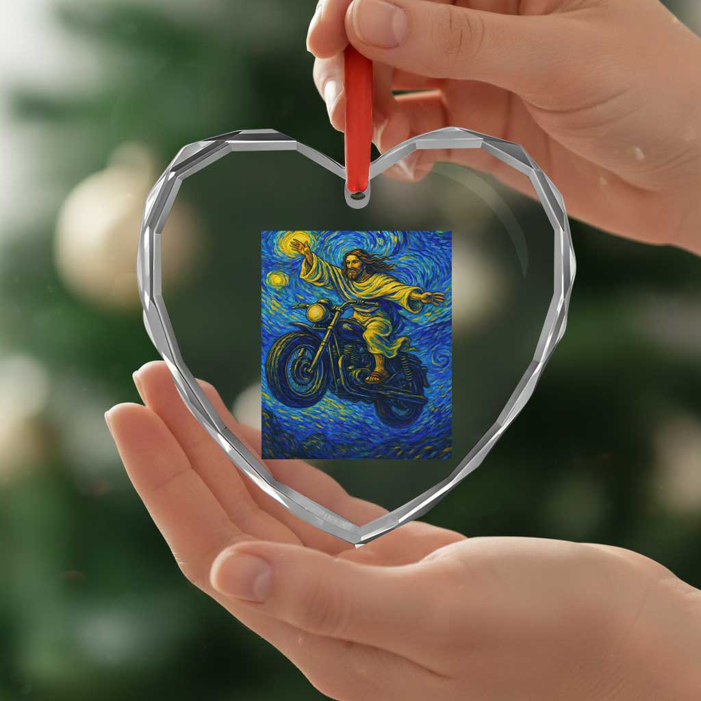 Funny Jesus Christian Motorcycle Heart Crystal Glass Ornament Starry Night Van Gogh Biker - Wonder Print Shop