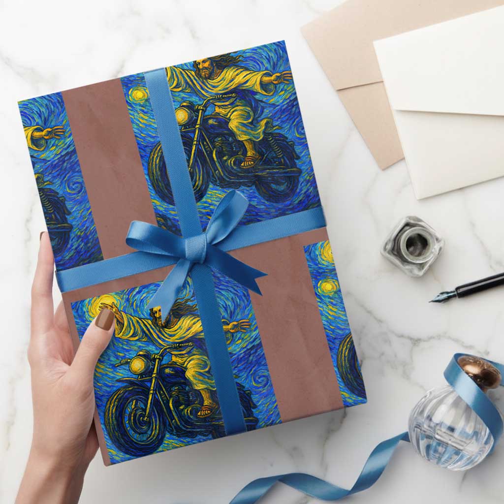 Funny Jesus Christian Motorcycle Wrapping Paper Roll Starry Night Van Gogh Biker - Wonder Print Shop