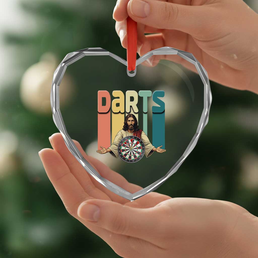 Funny Jesus Dart Player Sunset Retro Vintage Heart Crystal Glass Ornament Christian Dartist Gift - Wonder Print Shop