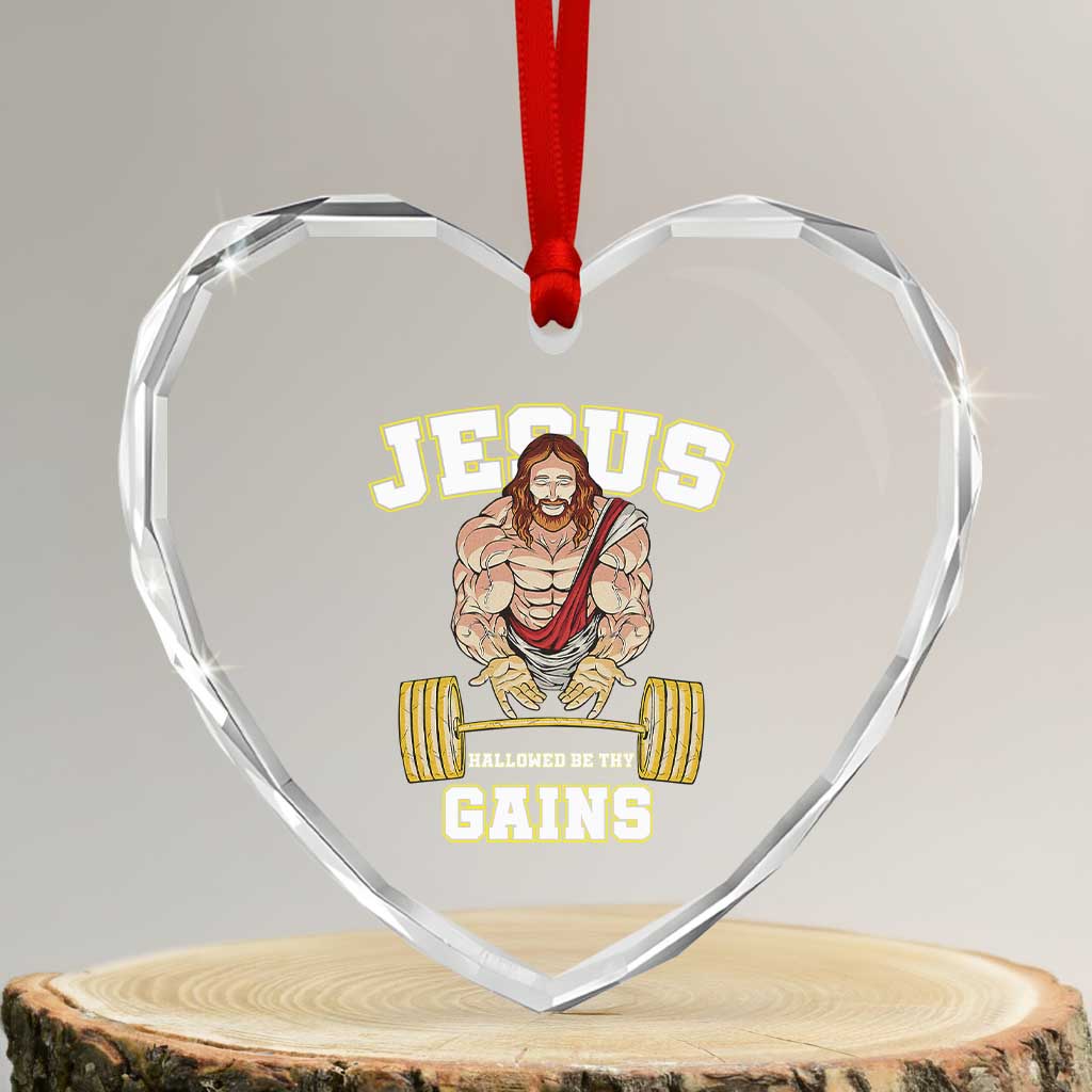 Funny Jesus Gym Heart Crystal Glass Ornament Hallowed Be Thy Gains - Wonder Print Shop