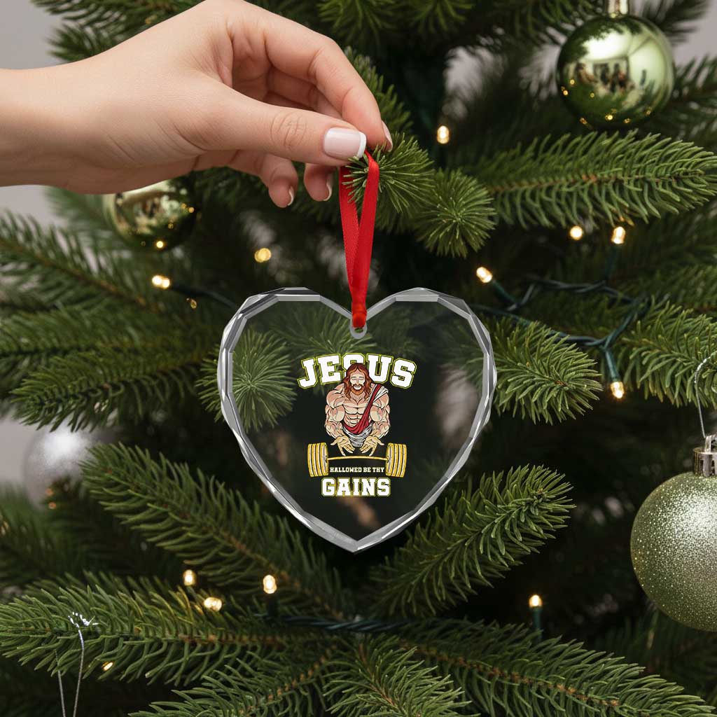Funny Jesus Gym Heart Crystal Glass Ornament Hallowed Be Thy Gains - Wonder Print Shop