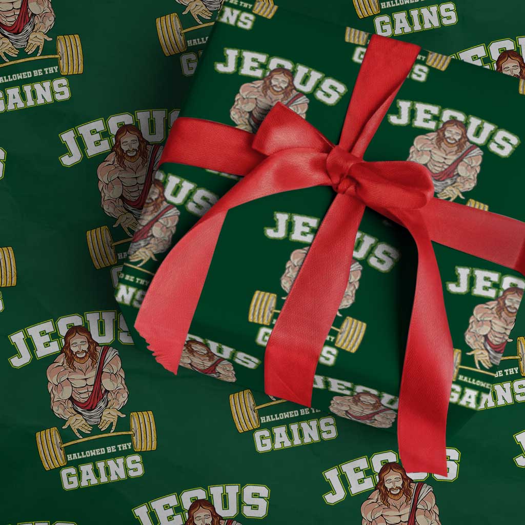 Funny Jesus Gym Wrapping Paper Roll Hallowed Be Thy Gains - Wonder Print Shop