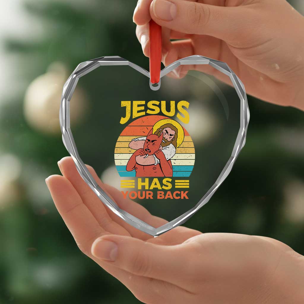 Funny Jesus Has Your Back Heart Crystal Glass Ornament Jiu Jitsu Retro Christian - Wonder Print Shop
