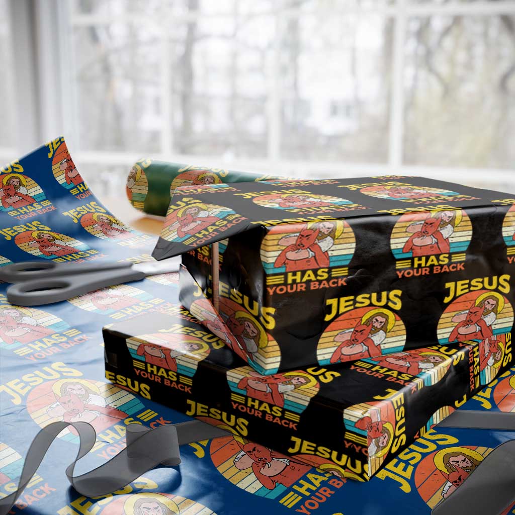 Funny Jesus Has Your Back Wrapping Paper Roll Jiu Jitsu Retro Christian - Wonder Print Shop