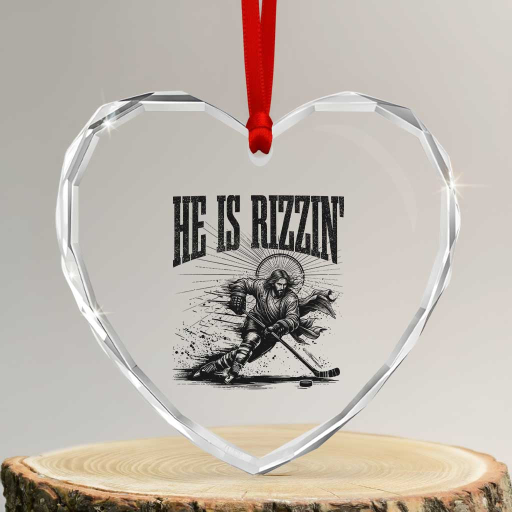 Funny Jesus Hockey Heart Crystal Glass Ornament He Is Rizzin'