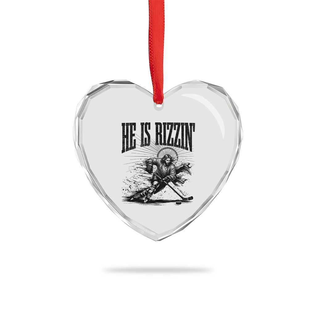Funny Jesus Hockey Heart Crystal Glass Ornament He Is Rizzin'