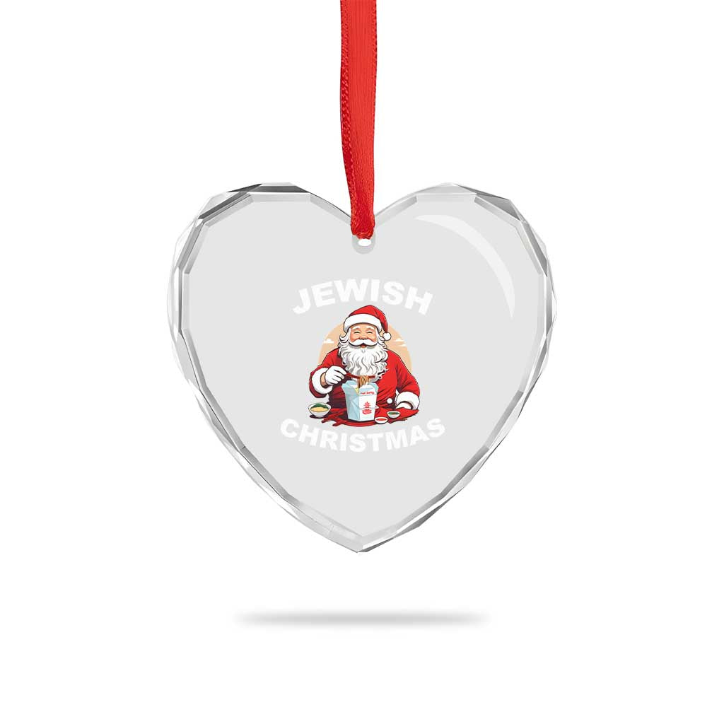 Funny Jewish Xmas Heart Crystal Glass Ornament Santa Is Eating Chinese Food Hanukkah Hebrew - Wonder Print Shop