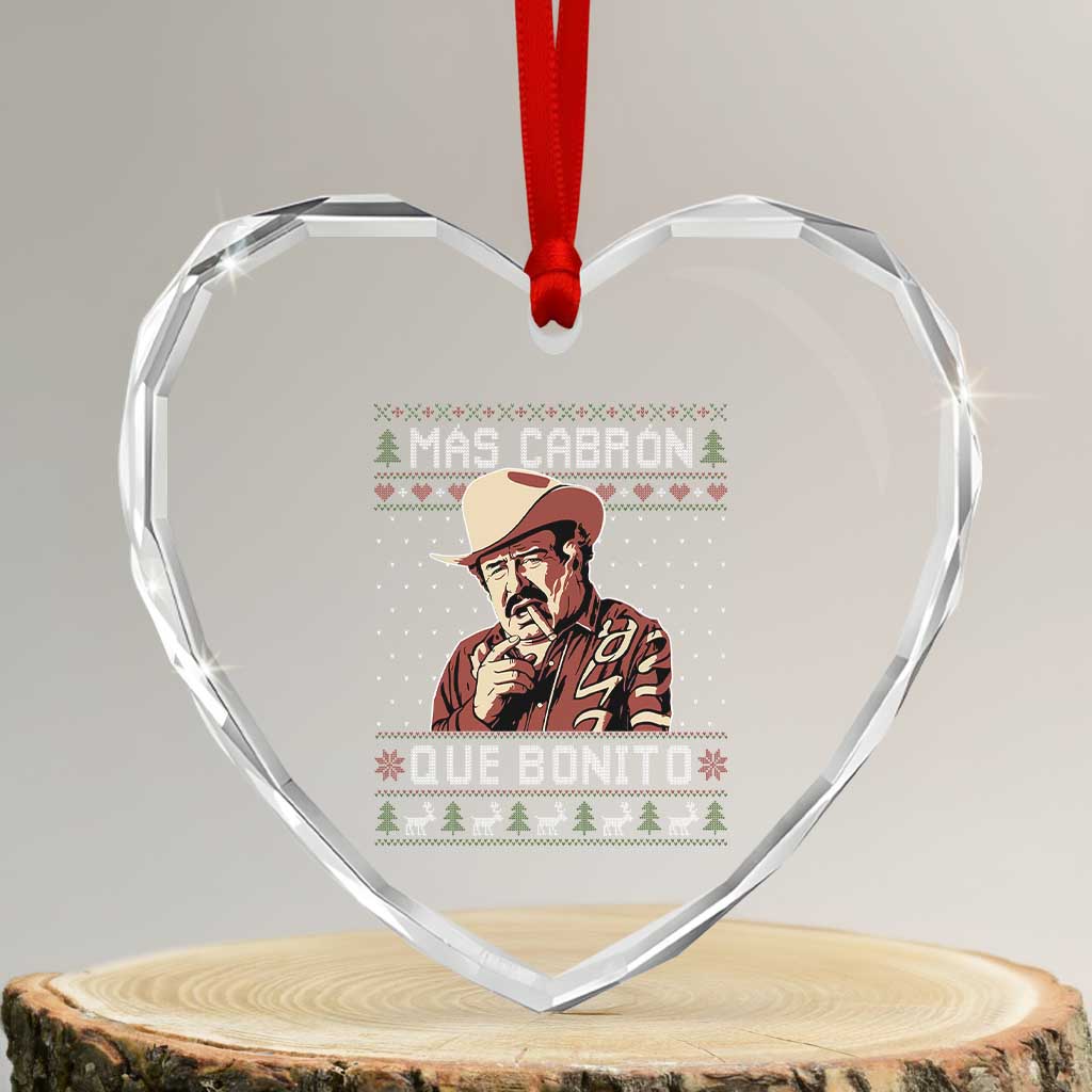 Funny Julian Garza Christmas Heart Crystal Glass Ornament Mas Cabron Que Bonito Cowboy Holiday Mexican Xmas - Wonder Print Shop