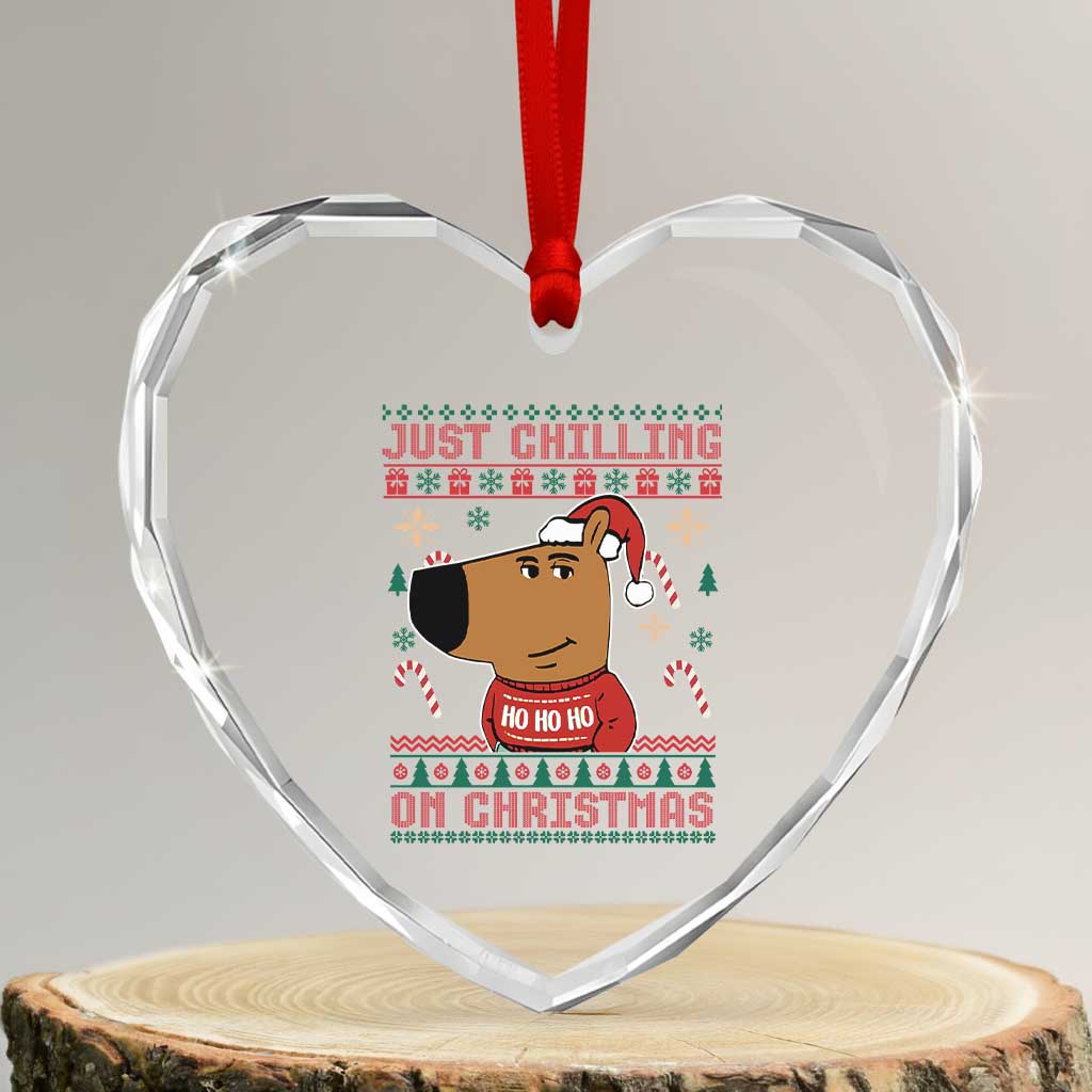 Funny Just Chilling On Christmas Meme Chillin Guy Heart Crystal Glass Ornament - Wonder Print Shop