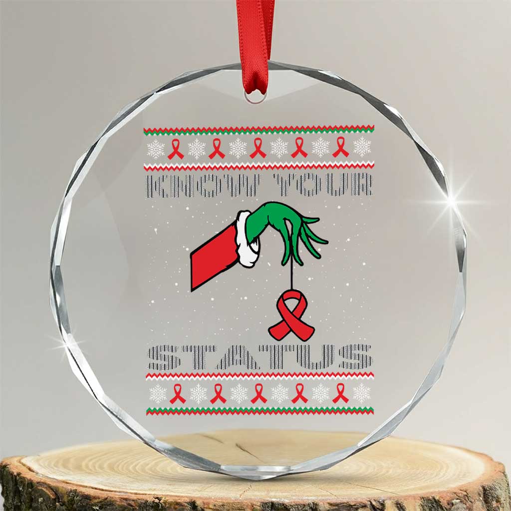 Funny Know Your Status Green Hand Crystal Glass Ornament Red Ribbon HIV Ugly Sweater Gift - Wonder Print Shop