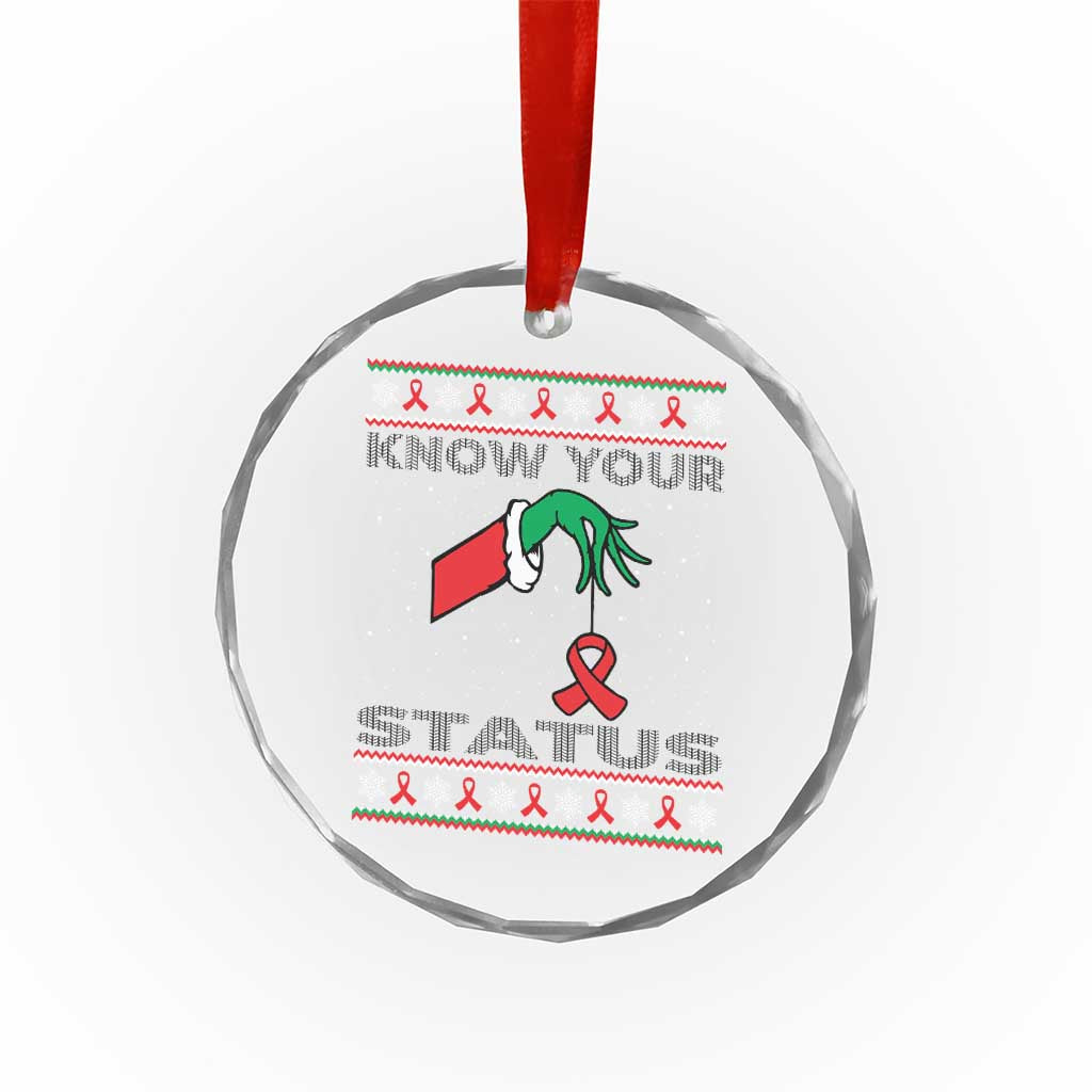 Funny Know Your Status Green Hand Crystal Glass Ornament Red Ribbon HIV Ugly Sweater Gift - Wonder Print Shop