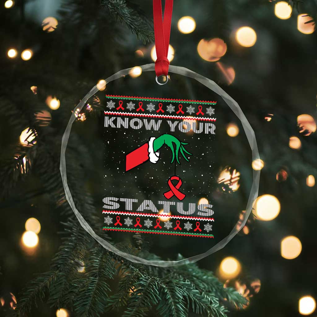 Funny Know Your Status Green Hand Crystal Glass Ornament Red Ribbon HIV Ugly Sweater Gift - Wonder Print Shop