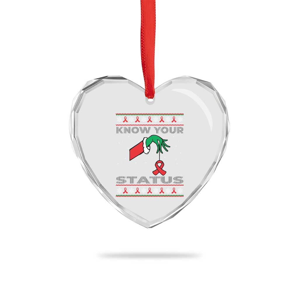 Funny Know Your Status Green Hand Heart Crystal Glass Ornament Red Ribbon HIV Ugly Sweater Gift - Wonder Print Shop