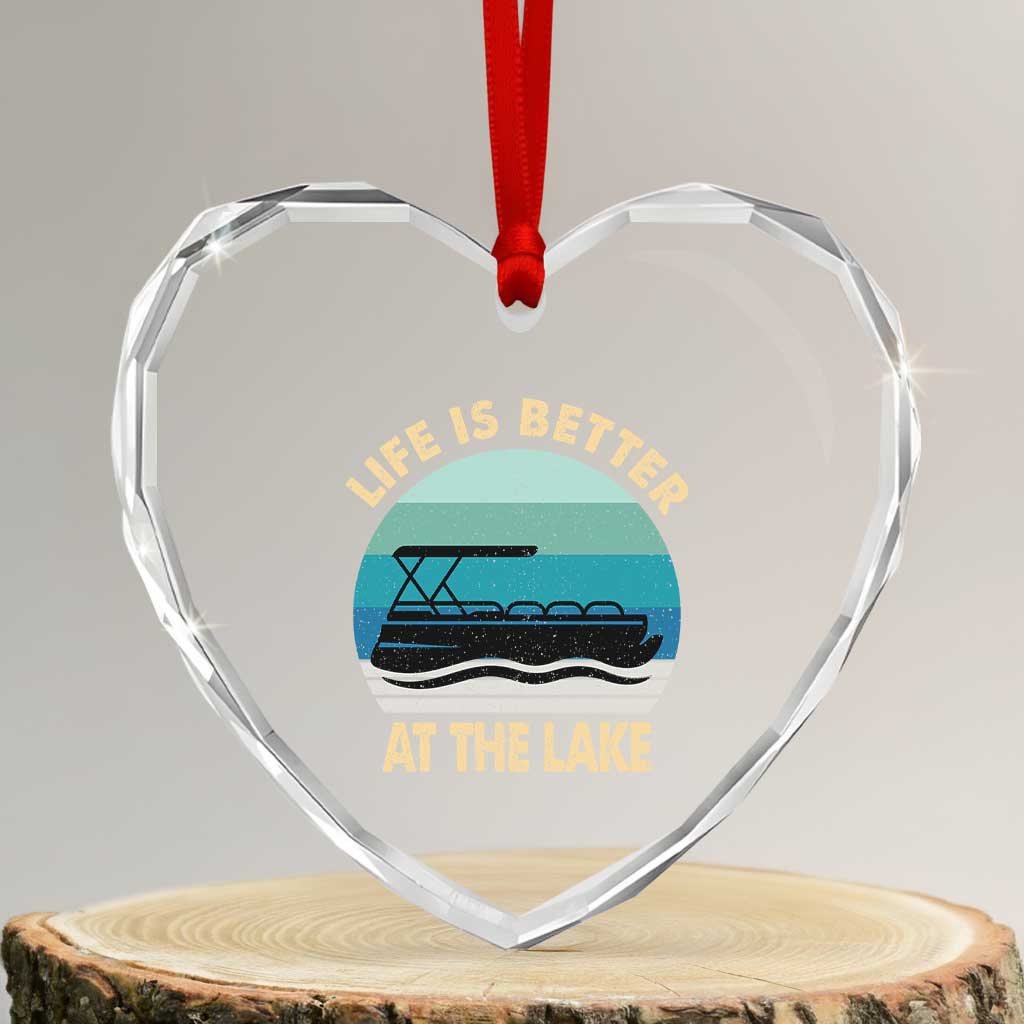 Funny Lake Life Heart Crystal Glass Ornament Vintage Life is Better at The Lake Pontoon Boat - Wonder Print Shop