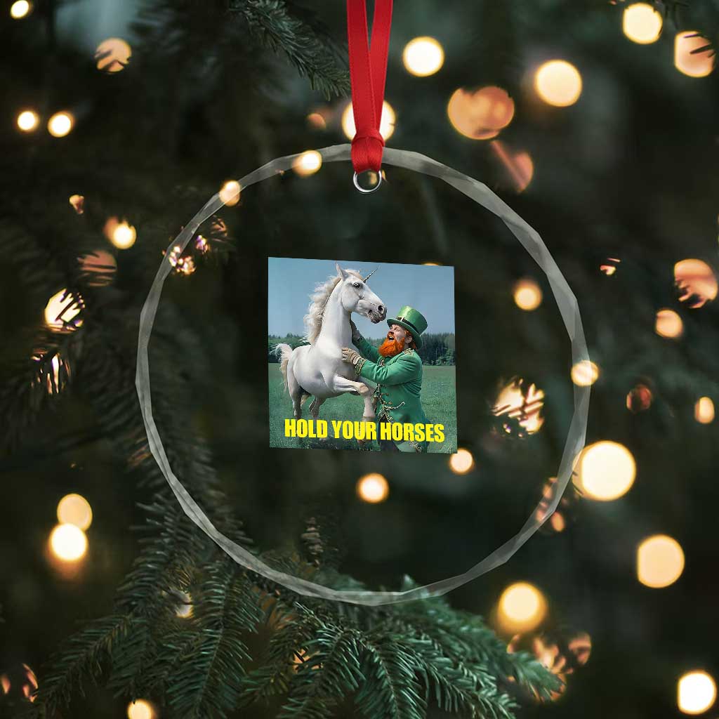 Funny Leprechaun Hold Your Horse Crystal Glass Ornament Unicorn St Patrick's Day TS02