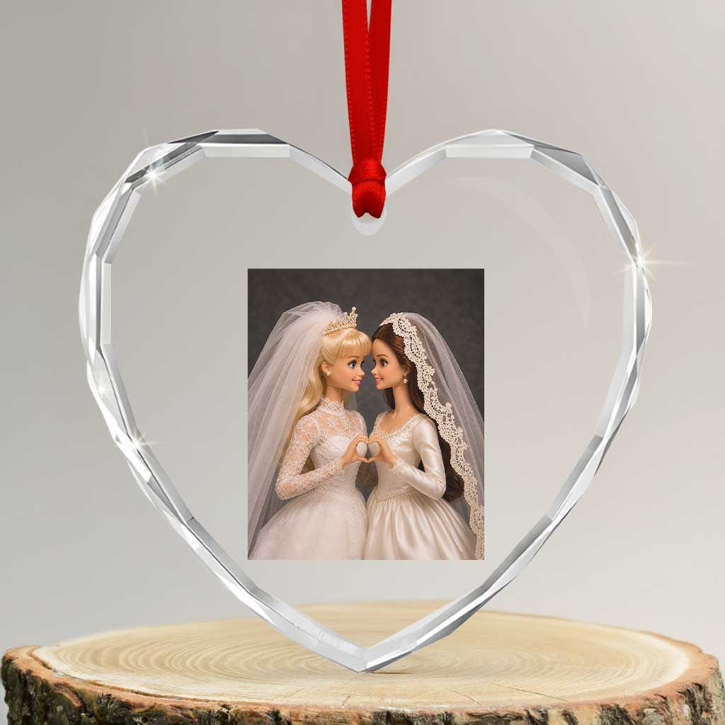Funny Lesbian Doll Wedding Engagement Heart Crystal Glass Ornament LGBTQ Pride Gift