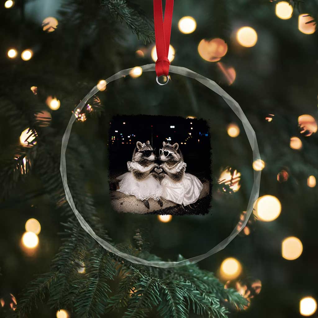 Funny Lesbian Raccoon Engagement Crystal Glass Ornament LGBTQ Pride Gift
