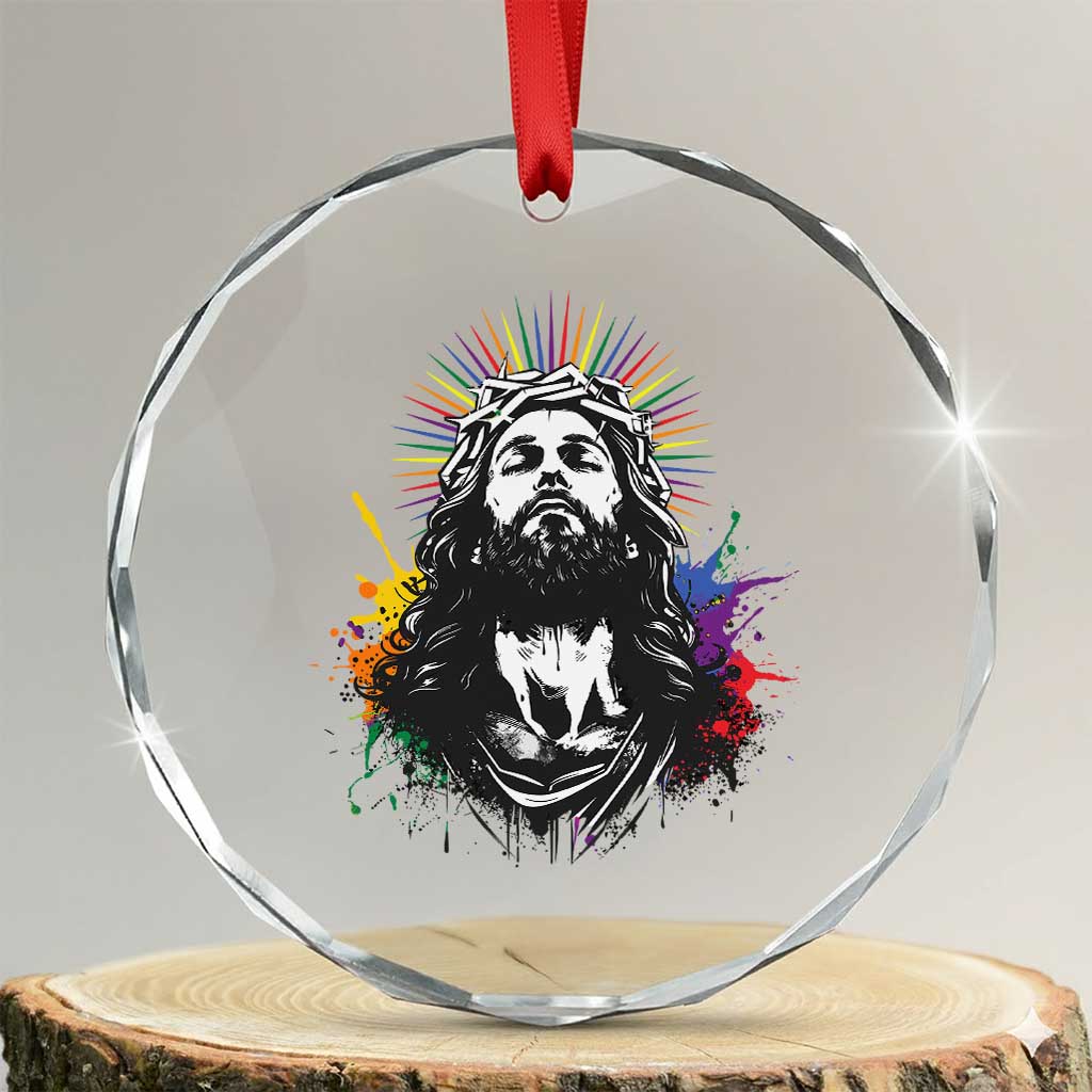 Funny LGBT Gay Pride Jesus Rainbow Flag Christian Crystal Glass Ornament - Wonder Print Shop