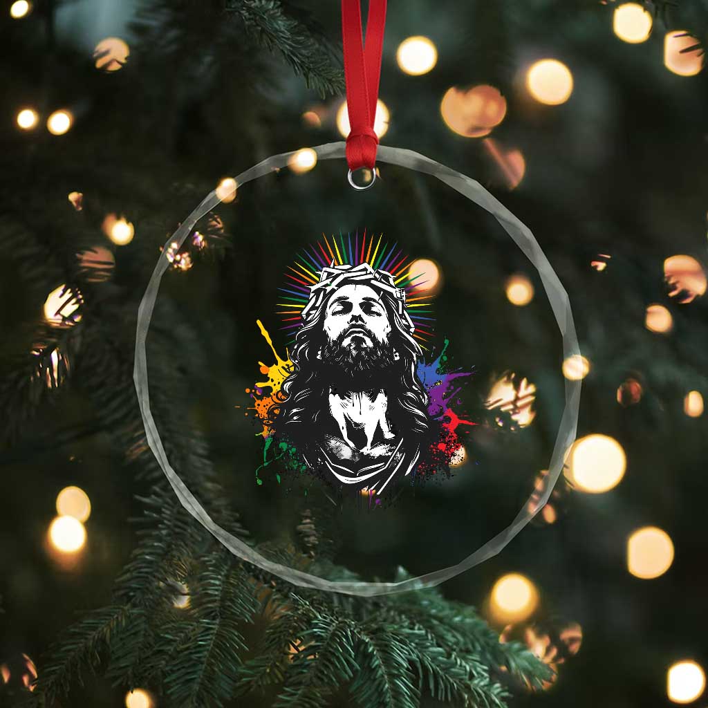 Funny LGBT Gay Pride Jesus Rainbow Flag Christian Crystal Glass Ornament - Wonder Print Shop